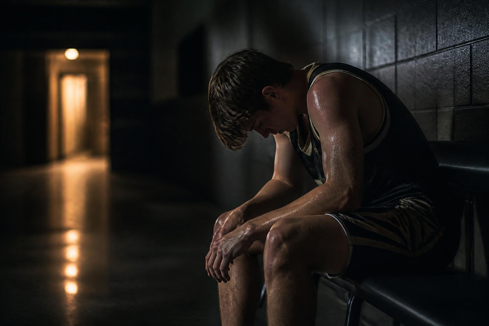 A young athlete sitting alone on a bench in a dim arena tunnel after a tough game